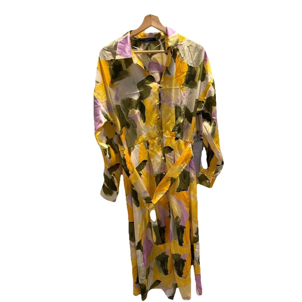 French Connection Multicolor Long Shirt Dress Abstract Button Long Sleeve Large